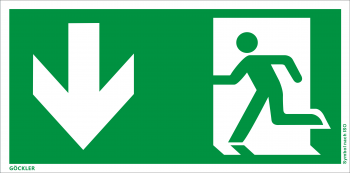 Rettungsweg Notausgang unten Symbol-Schild,Gr.: 300 x 150 mm,Folie selbstklebend grün,Symbol nach ISO 7010