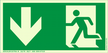 Rettungsweg Notausgang unten Symbol-Schild,Gr.: 300 x 150 mm, langnachleuchtende Aluminium Platte mit selbstklebender Schaumschicht grün, Symbol nach ISO 7010 ,EXTRA-N 10/70 60/7 - 600 DIN 67510