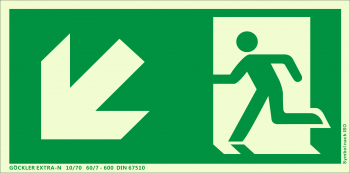 Rettungsweg links abwärts Symbol-Schild,Gr.: 300 x 150 mm,langnachleuchtende Folie selbstklebend grün,Symbol nach ISO 7010,EXTRA-N 10/70 60/7 - 600 DIN 67510