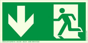 Rettungsweg Notausgang unten Symbol-Schild,Gr.: 300 x 150 mm, langnachleuchtende Kunststoffplatte mit selbstklebender Schaumschicht grün, Symbol nach ISO 7010 ,SUPER-N 10/230 60/24 - 3400 DIN 67510