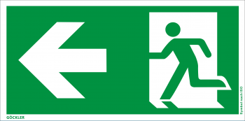 Rettungsweg links Symbol-Schild, Gr.: 300 x 150 mm, Kunststoffplatte nicht klebend grün, Symbol nach ISO 7010