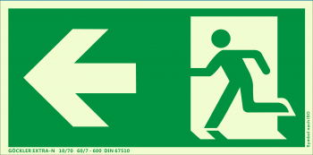 Rettungsweg links Symbol-Schild,Gr.: 300 x 150 mm,langnachleuchtende Folie selbstklebend grün,Symbol nach ISO 7010,SUPER-N 10/230 60/24 - 3400 DIN 67510