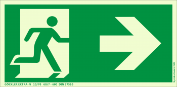 Rettungsweg rechts Symbol-Schild,Gr.: 300 x 150 mm,langnachleuchtende Folie selbstklebend grün,Symbol nach ISO 7010,EXTRA-N 10/70 60/7 - 600 DIN 67510