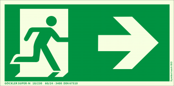 Rettungsweg rechts Symbol-Schild,Gr.: 300 x 150 mm,langnachleuchtende Folie selbstklebend grün,Symbol nach ISO 7010,SUPER-N 10/230 60/24 - 3400 DIN 67510