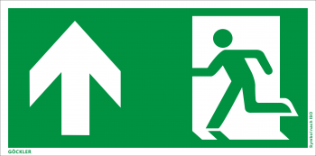 Rettungsweg Notausgang oben Symbol-Schild, Gr.: 300 x 150 mm, Kunststoffplatte nicht klebend grün, Symbol nach ISO 7010