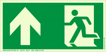 Rettungsweg Notausgang oben Symbol-Schild,Gr.: 300 x 150 mm, langnachleuchtende Kunststoffplatte mit selbstklebender Schaumschicht grün, Symbol nach ISO 7010 ,EXTRA-N 10/70 60/7 - 600 DIN 67510