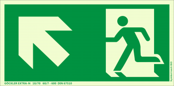 Rettungsweg Treppe rauf links Symbol-Schild,Gr.: 300 x 150 mm, langnachleuchtende Aluminium Platte mit selbstklebender Schaumschicht grün, Symbol nach ISO 7010 ,EXTRA-N 10/70 60/7 - 600 DIN 67510