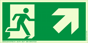 Rettungsweg Treppe rauf rechts Symbol-Schild,Gr.: 300 x 150 mm, langnachleuchtende Aluminium Platte mit selbstklebender Schaumschicht grün, Symbol nach ISO 7010 ,EXTRA-N 10/70 60/7 - 600 DIN 67510