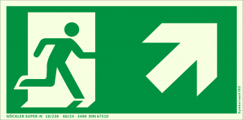 Rettungsweg rechts aufwärts Symbol-Schild,Gr.: 300 x 150 mm, langnachleuchtende Kunststoffplatte mit selbstklebender Schaumschicht grün, Symbol nach ISO 7010 ,SUPER-N 10/230 60/24 - 3400 DIN 67510
