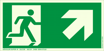 Rettungsweg Treppe rauf rechts Symbol-Schild,Gr.: 300 x 150 mm, langnachleuchtende Aluminium Platte mit selbstklebender Schaumschicht grün, Symbol nach ISO 7010 ,SUPER-N 10/230 60/24 - 3400 DIN 67510