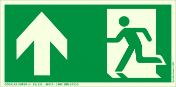 Rettungsweg Notausgang oben Symbol-Schild,Gr.: 300 x 150 mm, langnachleuchtende Kunststoffplatte mit selbstklebender Schaumschicht grün, Symbol nach ISO 7010 ,SUPER-N 10/230 60/24 - 3400 DIN 67510