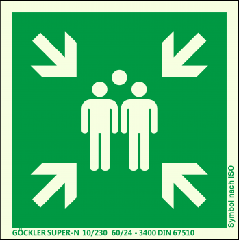 Sammelstelle-Symbol-Schild, Gr.: 400 x 400 mm, langnachleuchtende Kunststoffplatte nicht klebend grün, Symbol nach ISO 7010, ​SUPER-N 10/230 60/24 - 3400 DIN 67510