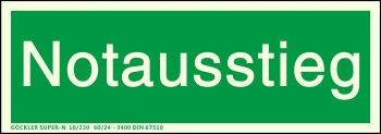 Textschild: Notausstieg,Gr.: 300 x 105 mm,langnachleuchtende Kunststoffplatte mit selbstklebender Schaumschicht grün,SUPER-N 10/230 60/24 - 3400 DIN 67510