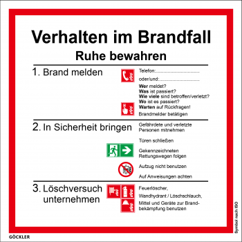 Verhalten im Brandfall-Schild,Gr.: 200 x 200 mm,Kunststoffplatte mit selbstklebender Schaumschicht,Symbol nach ISO 7010