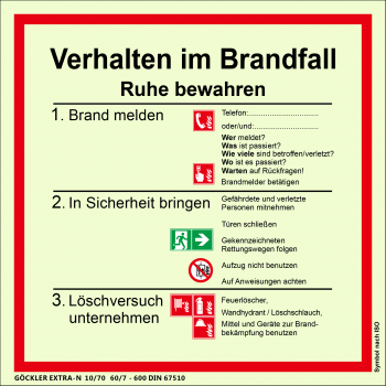 Verhalten im Brandfall-Schild,Gr.: 200 x 200 mm,langnachleuchtende Kunststoffplatte mit selbstklebender Schaumschicht,Symbol nach ISO 7010,EXTRA-N 10/70 60/7 - 600 DIN 67510