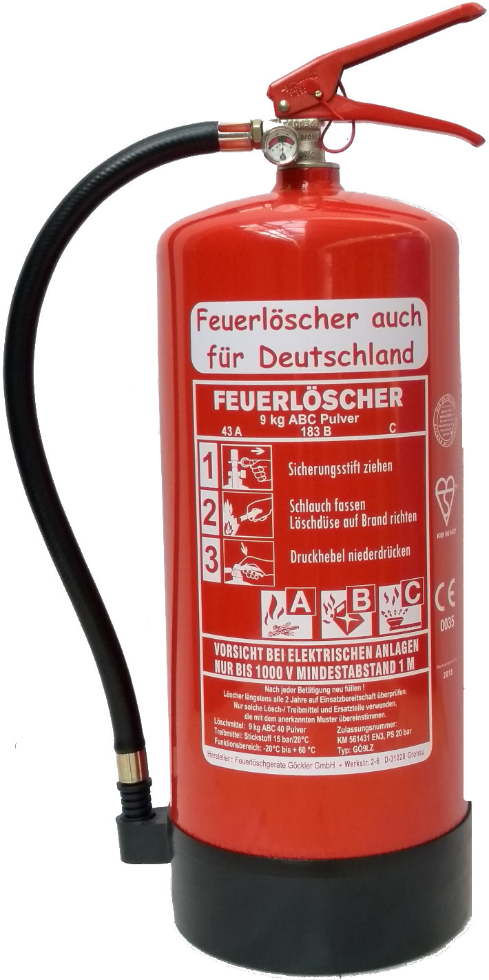 9 kg ABC Pulver Feuerlöscher auch für Deutschland EN 3 + Standfuß +  Wandhalter + Manometer 12 LE, mit oder ohne Instandhaltungsnachweis  erhältlich!-DF9LZ