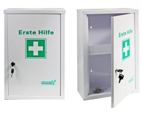 kleiner Erste-Hilfe-Schrank weiß pulverbeschichtet mit Füllung DIN 13157 SÖHNGEN