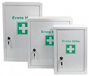 kleiner Erste- Hilfe- Schrank weiß pulverbeschichtet + Füllung DIN 13157 Ausführung 64- teilig mit Kühlpad Betriebsverbandkasten