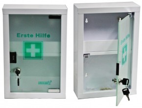 kleiner Erste- Hilfe- Schrank weiß pulverbeschichtet mit Glastür leer- mit Füllung DIN 13157- SÖHNGEN®