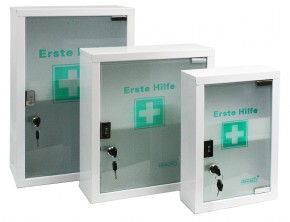 mittlerer Erste- Hilfe- Schrank weiß pulverbeschichtet mit Glastür- leer-
