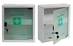 mittlerer Erste- Hilfe- Schrank weiß pulverbeschichtet mit Glastür leer - mit Füllung DIN 13157-