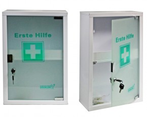 großer Erste- Hilfe- Schrank weiß pulverbeschichtet mit Glastür leer - mit Füllung DIN 13157-
