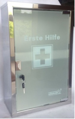 großer Erste- Hilfe- Schrank Edelstahl 410 mit Glastür- mit Füllung DIN 13169- 