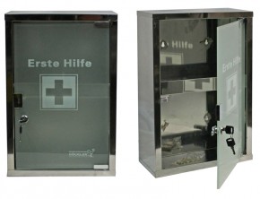 großer Erste- Hilfe- Schrank Edelstahl 410 mit Glastür - mit Füllung DIN 13157-