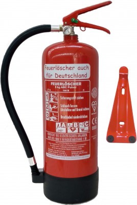 Feuerlöscher 6kg ABC EN 3 Pulver 9 LE mit oder ohne Prüfnachweis u. Jahresmarke, mit Manometer, Kunststoffstandfuß , Wandhalter , Messingarmatur Sicherheitsventil